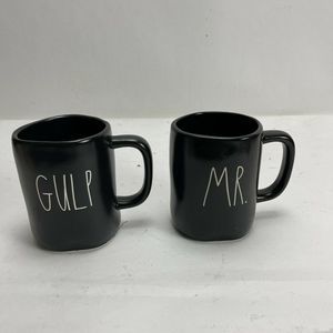 Set of 2 Rae Dunn Back Coffee Cup "GULP" "MR" GULP MR White Lettering